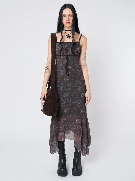 Minga London Dresses & Skirts - Dark Brown Floral High-Low Slip Dress